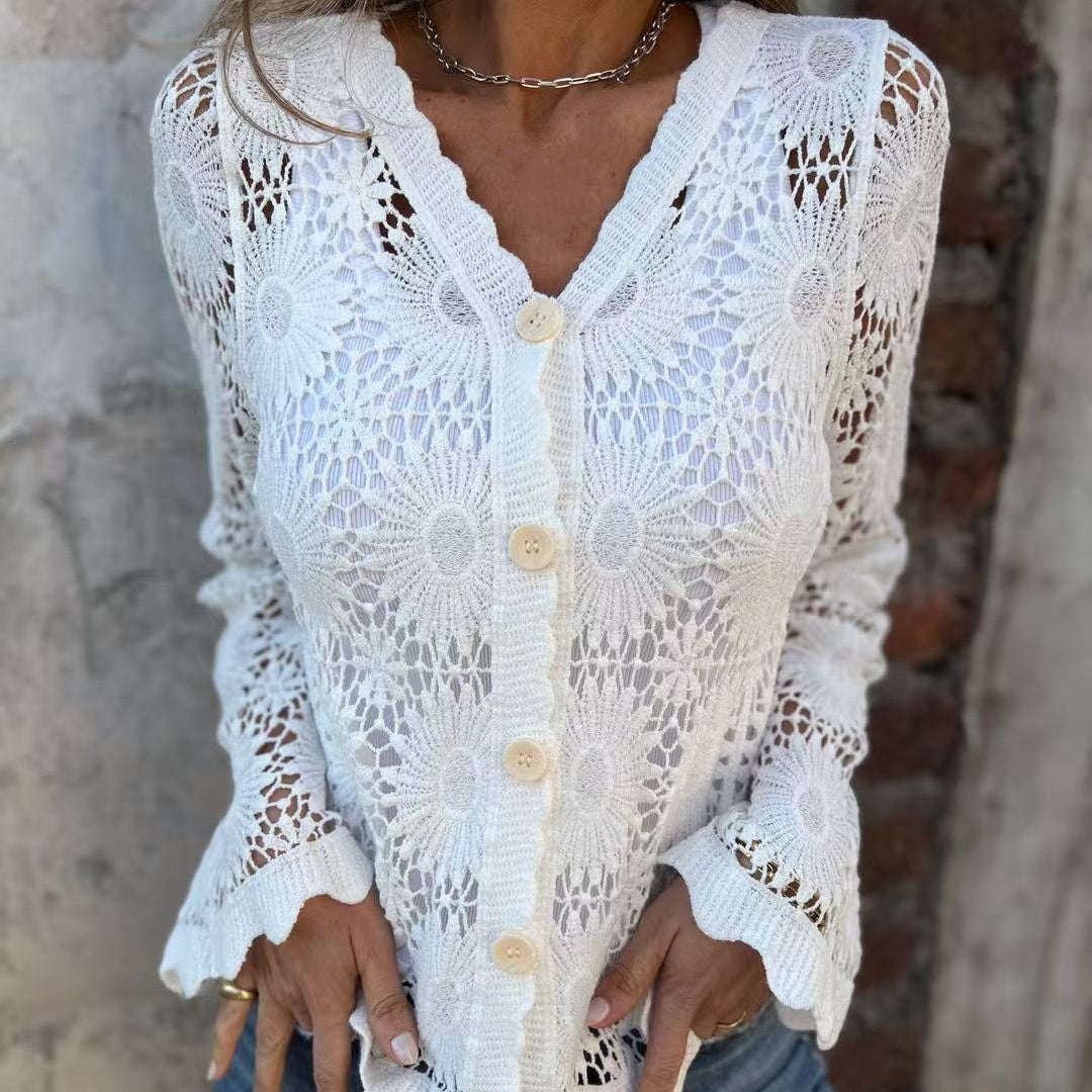 Elegance trifft Komfort: Leichte Spitze für jeden Tag🌸Damen Spitze V-Ausschnitt Langarm Top