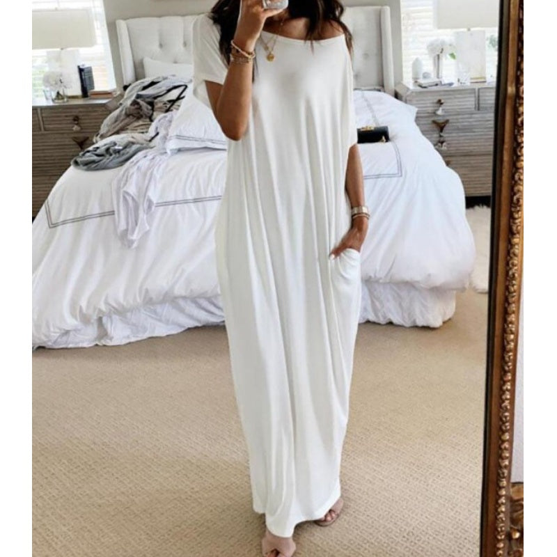Langes Sommerkleid für Damen – Lässig, Locker, Einfarbig, Kurzärmelig