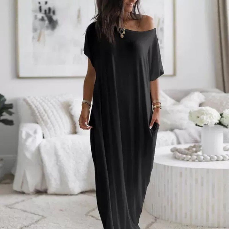 Langes Sommerkleid für Damen – Lässig, Locker, Einfarbig, Kurzärmelig