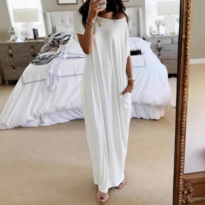 Langes Sommerkleid für Damen – Lässig, Locker, Einfarbig, Kurzärmelig