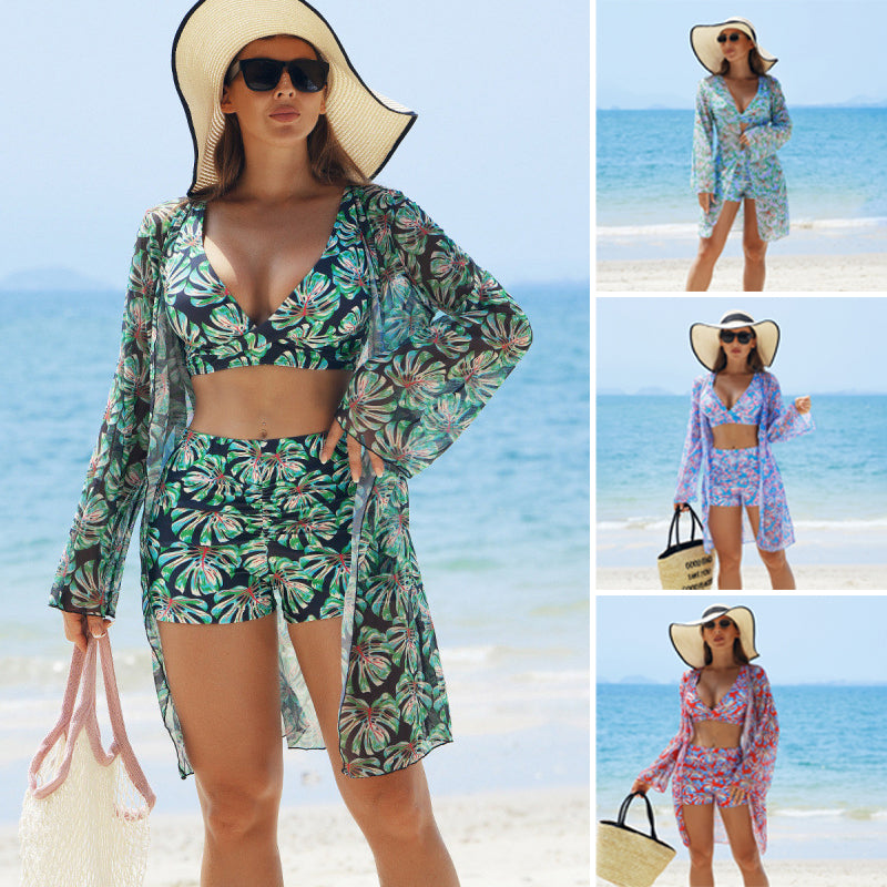 Damen Bikini 3-teiliges Set – Cover-Up, Bikini-Oberteil und Shorts