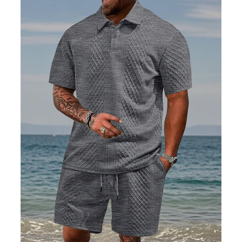 👑🔥Herren-Zweiteiler mit Rautenstruktur: Kurzarmhemd mit Kragen & Shorts mit Kordelzug