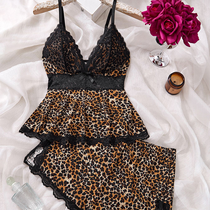 💖Nachtwäsche-Set aus Camisole und Shorts mit V-Ausschnitt und Spitzenbesatz✨