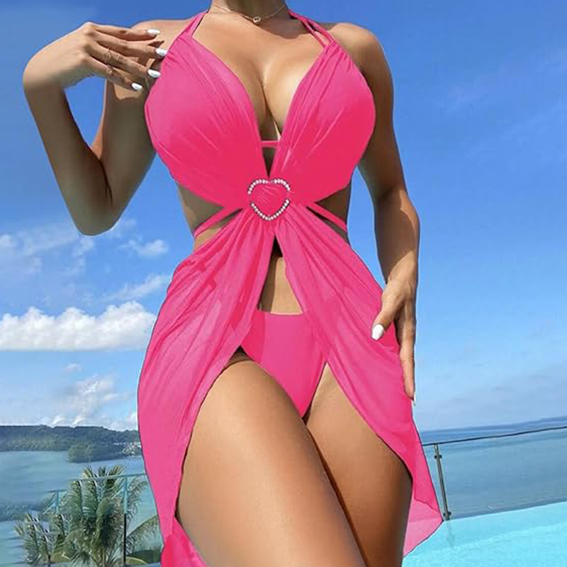 Einfarbiger Halter-Bikini-3-Teil-Set