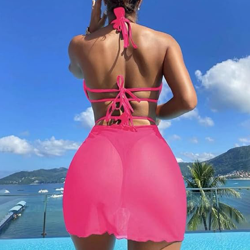 Einfarbiger Halter-Bikini-3-Teil-Set