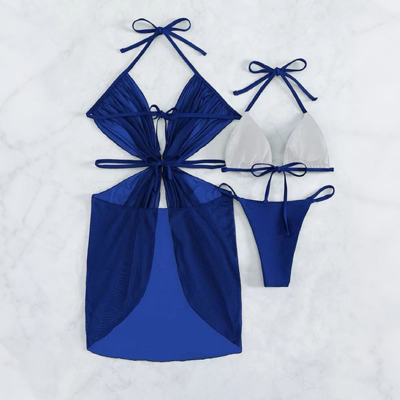Einfarbiger Halter-Bikini-3-Teil-Set