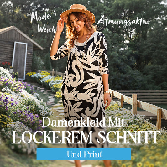 💖Elegantes, lockeres Damenkleid mit Rundhalsausschnitt und Aufdruck