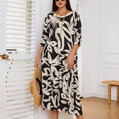 💖Elegantes, lockeres Damenkleid mit Rundhalsausschnitt und Aufdruck