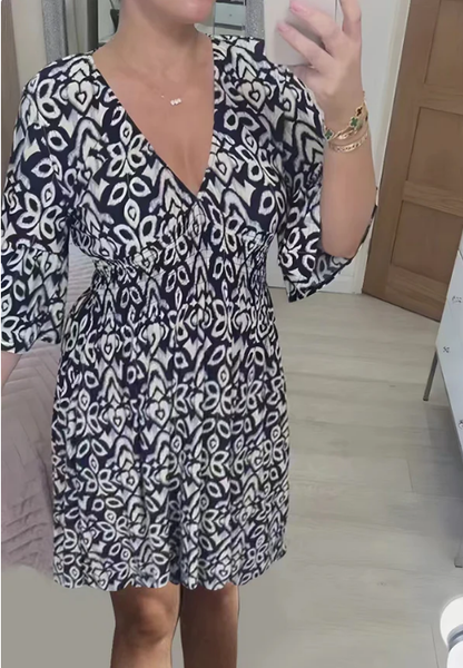🔥Großer Verkauf - 50% RABATT🔥Mini-Boho-Kleid mit V-Ausschnitt  ✈Kaufen Sie zwei Stück und die Lieferung ist kostenlos