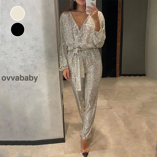 🌟Glitzernde Damen Jumpsuits mit V-Ausschnitt und Gürtel