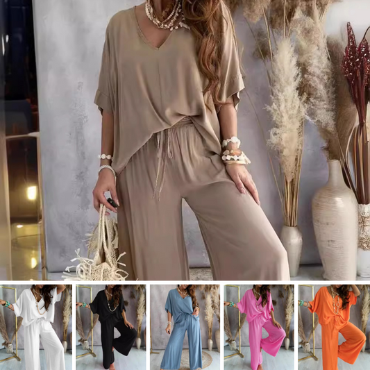 Women's V-neck solid color casual top loose pants set