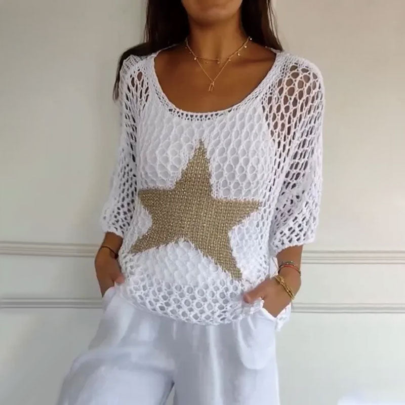 🌸Was soll ich morgen anziehen?💥Damenmode Rundhalsausschnitt Häkel-Strick-Netz-Top
