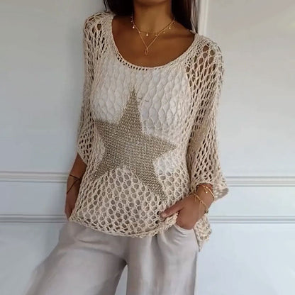 🌸Was soll ich morgen anziehen?💥Damenmode Rundhalsausschnitt Häkel-Strick-Netz-Top