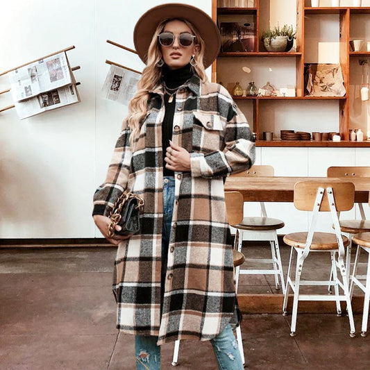 🔥Free shipping🔥Women's Plaid Print Long Sleeve Warm Tweed Coat