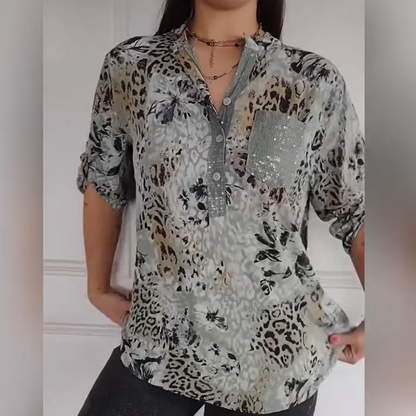 ✨Lässiges bedrucktes Hemd mit halber Knopfleiste für Damen