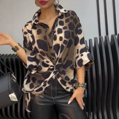 Lapel Leopard Print Loose Seven-Point Sleeve Shirt