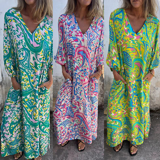 Damen-Boho-Maxikleid mit V-Ausschnitt und abstraktem Druck