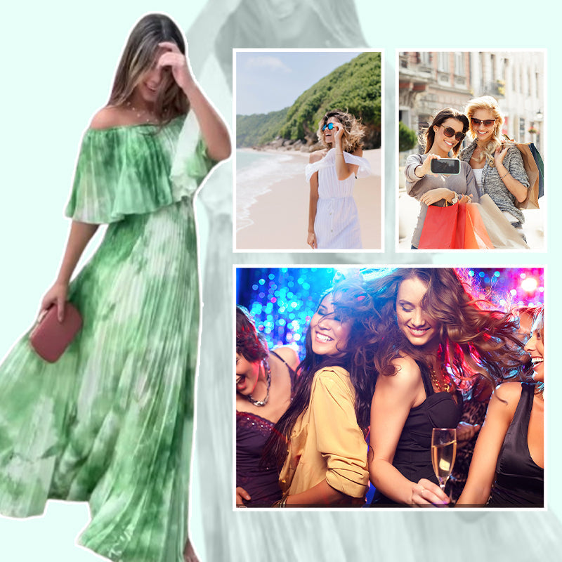 Bedrucktes, plissiertes Off-Shoulder-Kleid für Damen