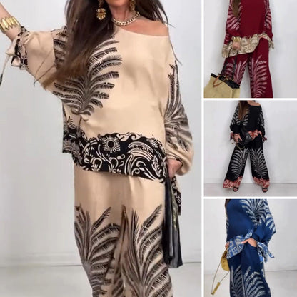 Elegantes bedrucktes Damen-Set aus Oberteil und weiter Hose im Ethno-Stil