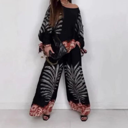 Elegantes bedrucktes Damen-Set aus Oberteil und weiter Hose im Ethno-Stil