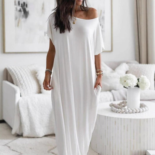 Langes Sommerkleid für Damen – Lässig, Locker, Einfarbig, Kurzärmelig